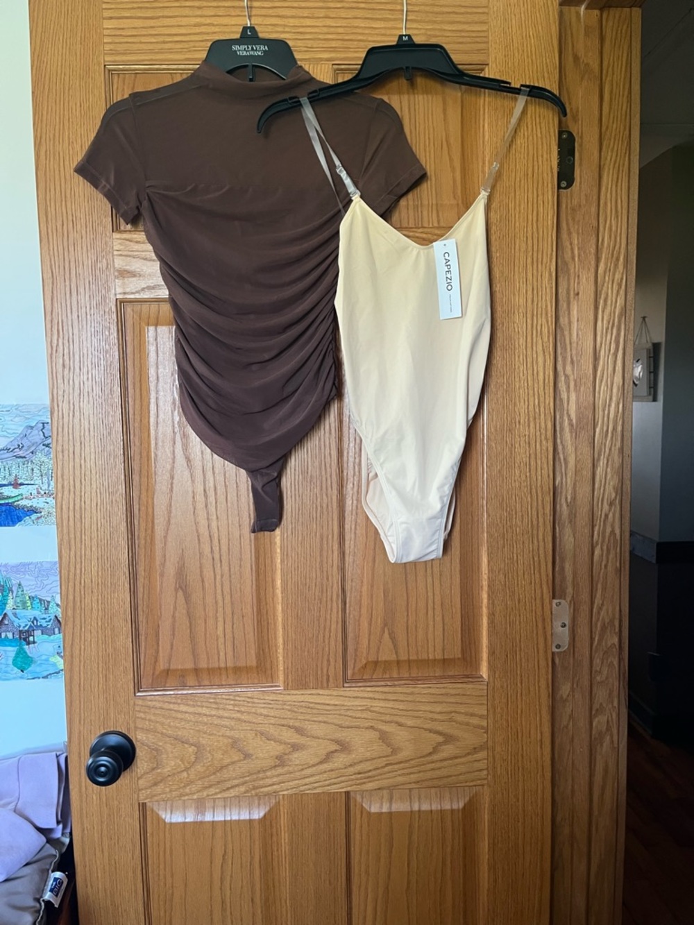Capezio Nude High-Cut Bodysuit with Clear Adjustable Straps and brown bodysuit.